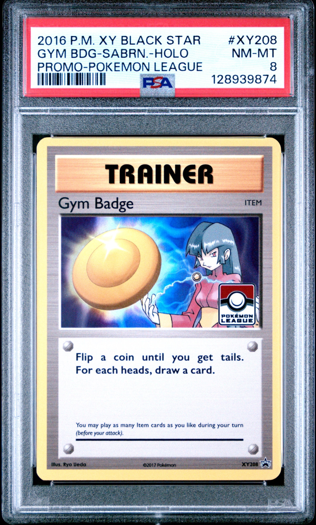 PSA 8 GYM BADGE-SABRINA-HOLO (POKEMON LEAGUE) — POKEMON XY BLACK STAR PROMO #XY208 (2016)