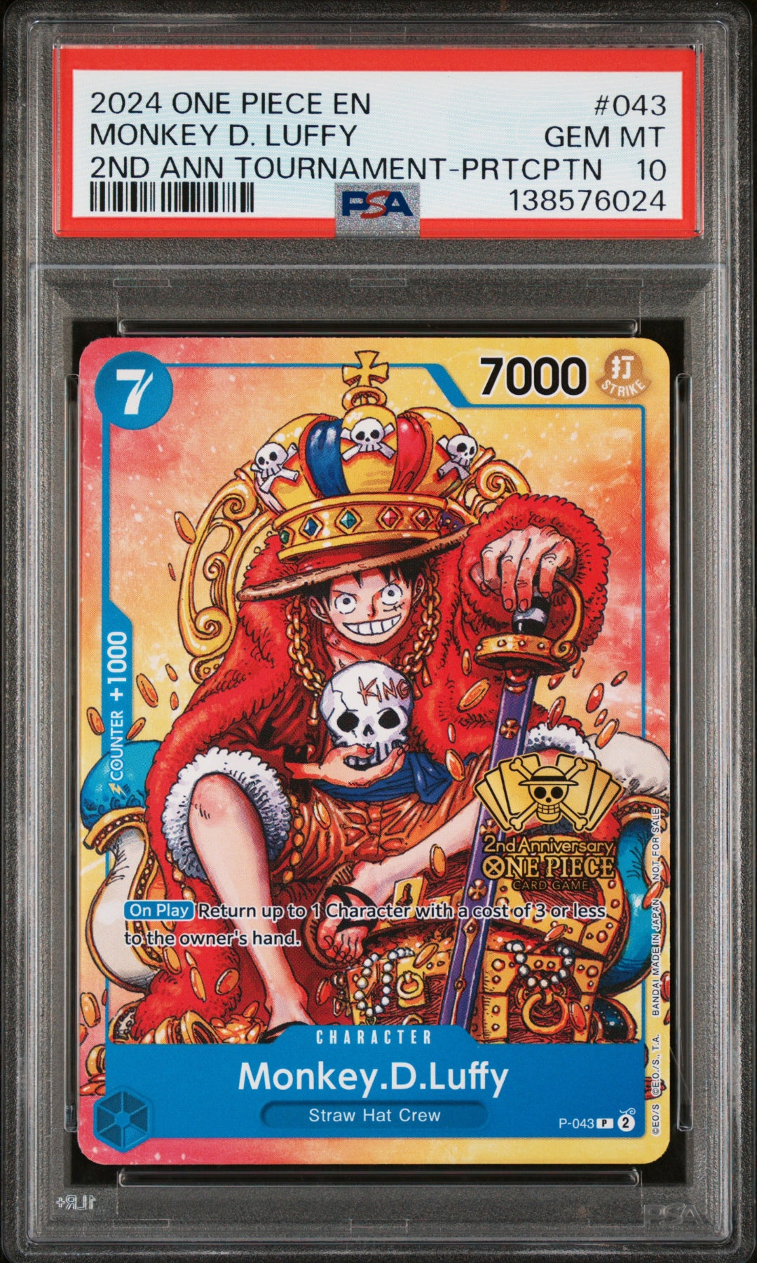 PSA 10 MONKEY D. LUFFY (2ND ANNIVERSARY TOURNAMENT-PARTICIPATION) — ONE PIECE PROMOS #043 (2024)