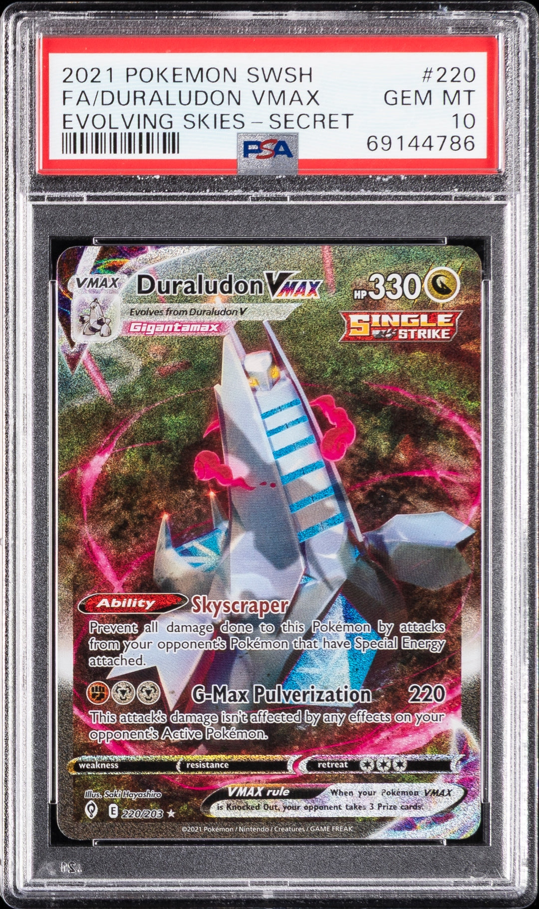 PSA 10 FULL ART/DURALUDON VMAX (SECRET) — POKEMON SWORD & SHIELD EVOLVING SKIES #220 (2021)